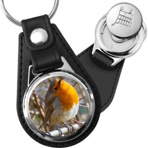 Porte-clé cuir avec médaillon oiseau Rouge-gorge