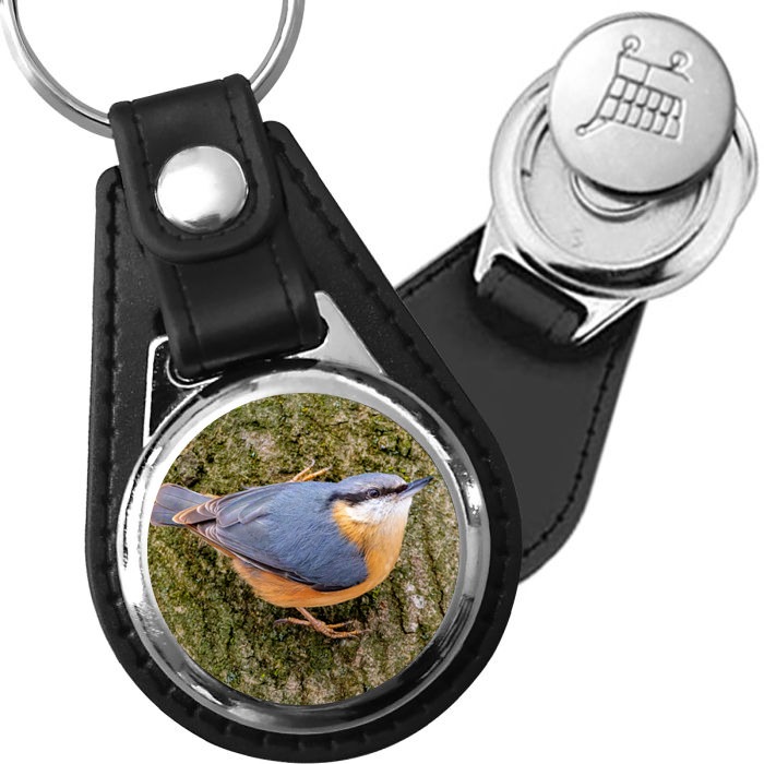 Porte-clé cuir avec médaillon oiseau Sittelle